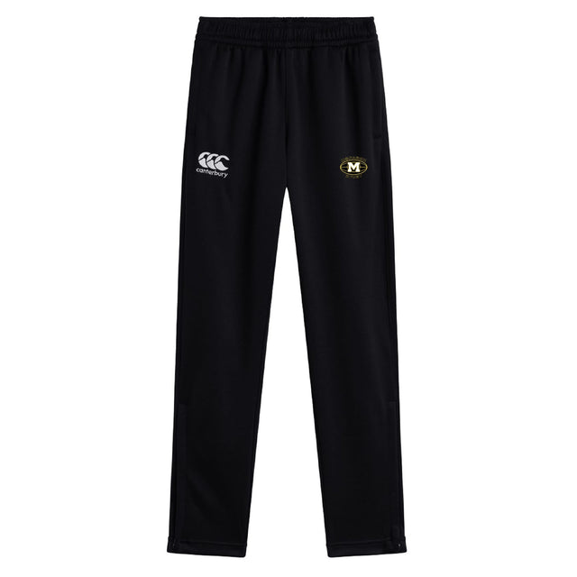 The Monarch Rugby Club Stretch Tapered Pant by EMB Canterbury features an elastic waistband, quick-dry fabric, a white Canterbury logo on the left, and a yellow-black oval emblem—ideal men's workout pants for any activity.