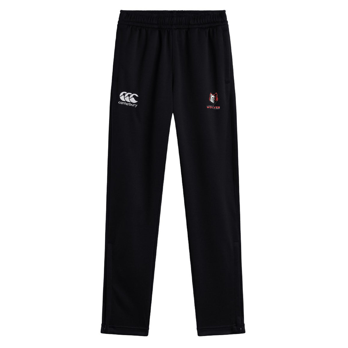 The Lincoln Wolves Stretch Tapered Pant by EMB Canterbury features an elastic waistband, quick dry fabric, and dual thigh logos—men's workout pants designed for comfort and performance. Plain background.