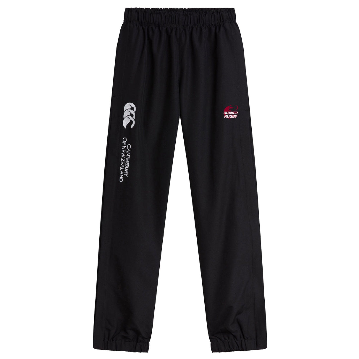 The Guilford College Cuffed Hem Stadium Pant by EMB Canterbury features an elastic waistband and cuffs, classic Canterbury style, white and red logos, and "Canterbury of New Zealand" text on the left leg.