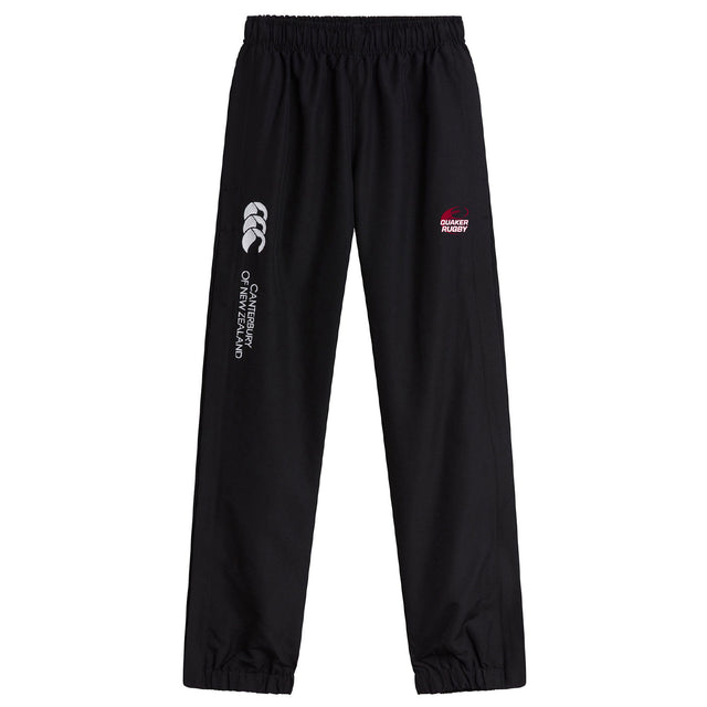 The Guilford College Cuffed Hem Stadium Pant by EMB Canterbury features an elastic waistband and cuffs, classic Canterbury style, white and red logos, and "Canterbury of New Zealand" text on the left leg.