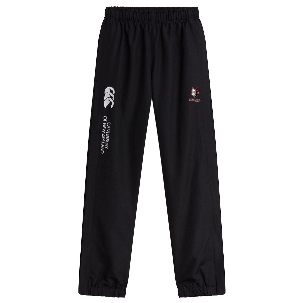 The Lincoln Wolves Cuffed Hem Stadium Pant by EMB Canterbury features an elastic waistband, Canterbury branding, a wolf logo with "Wolves" text, and stylish cuffed hems for a modern look.