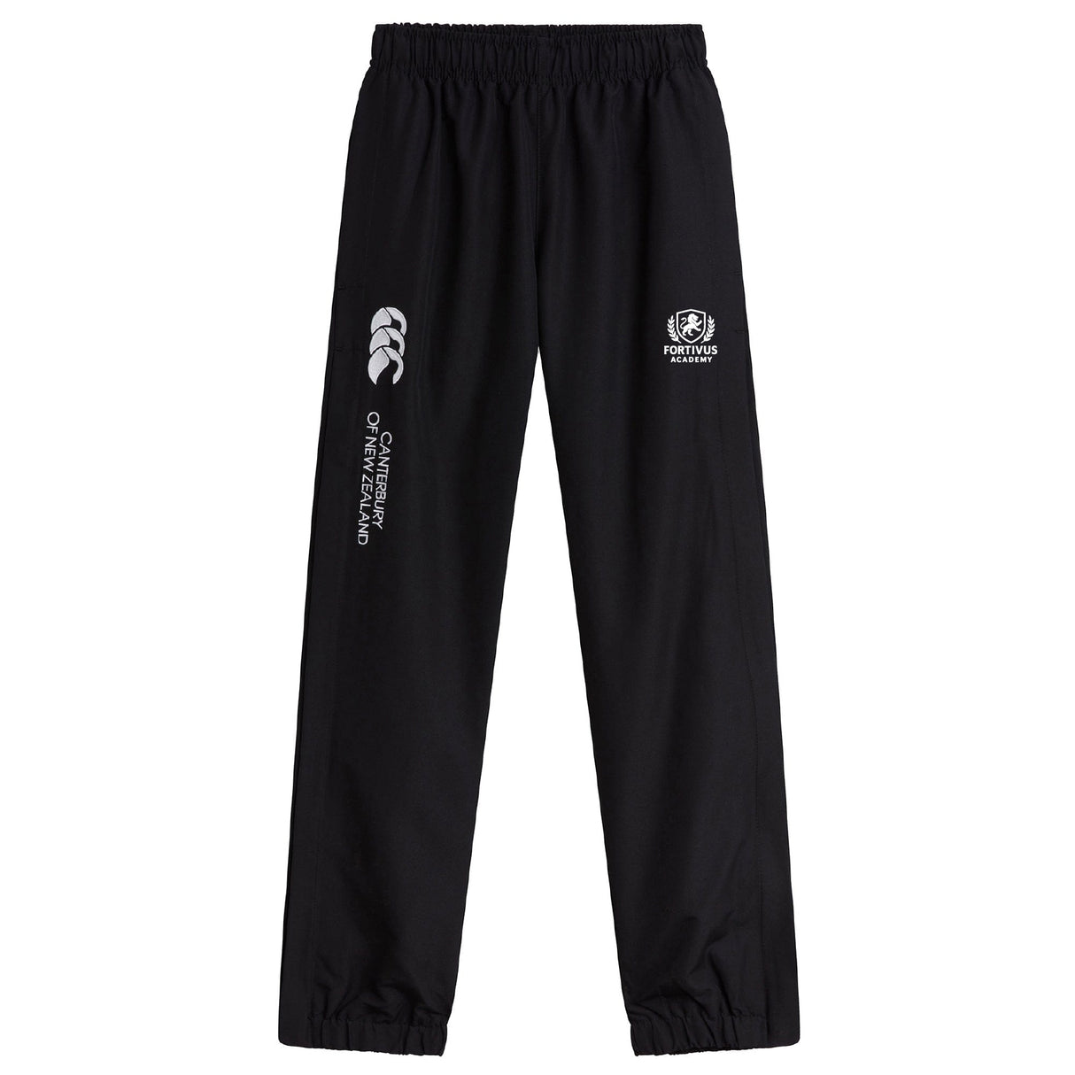 The Fortivus Academy Cuffed Hem Stadium Pant by EMB Canterbury features an elastic waistband and cuffs, plus white logos—ideal men's pants for training or cheering at the stadium.