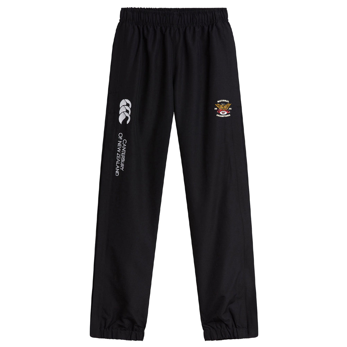 The Atlanta Old White Rugby Champs Cuffed Hem Stadium Pant by EMB Canterbury features an elastic waistband and cuffs, iconic branding, and crest text on the upper thighs—rugby pants designed for comfort and performance.