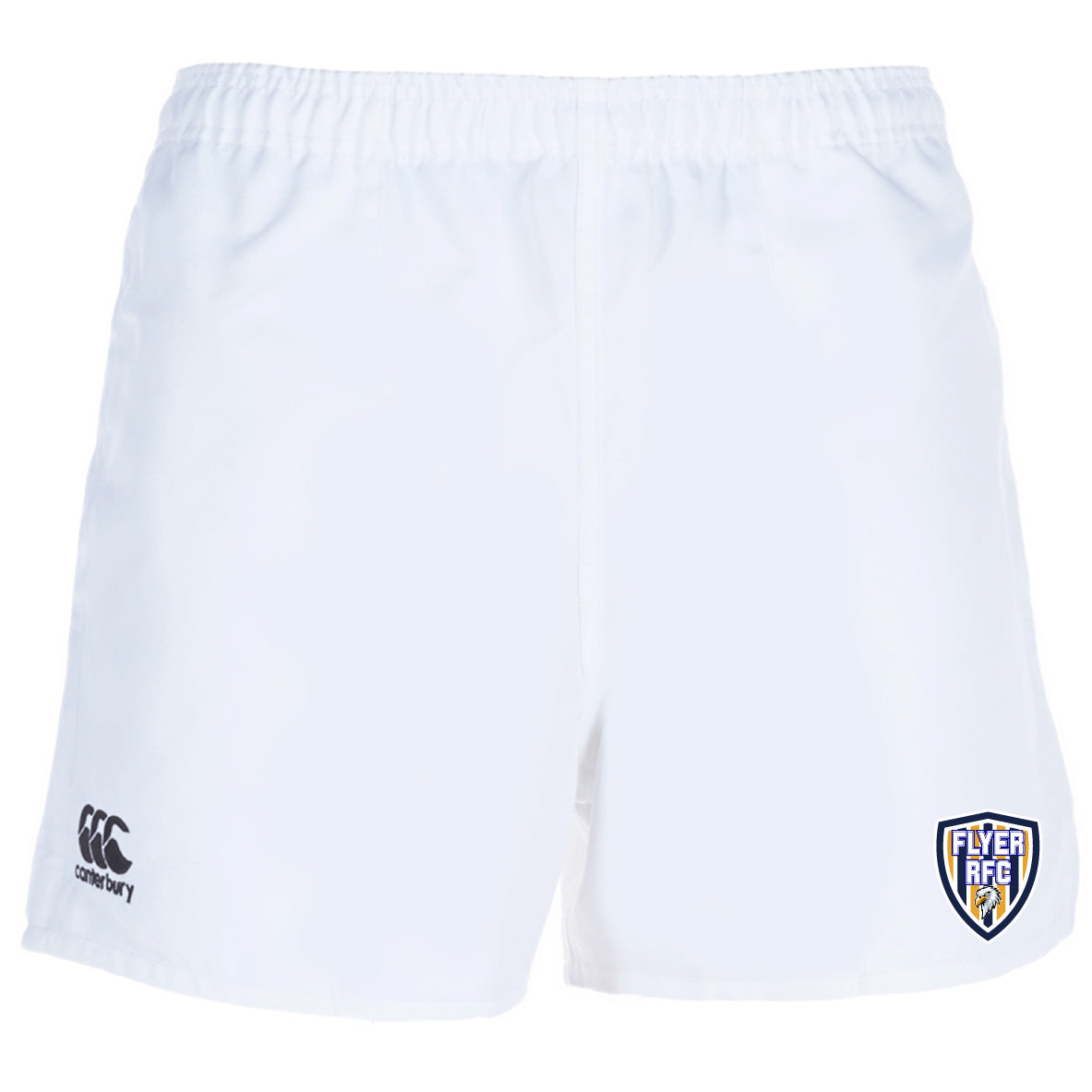 Franklin County High School Rugby Professional Polyester Rugby Shorts by EMB Canterbury, featuring an elastic waistband, Canterbury logo on the left leg, and Flyer RFC badge on the right leg. Made of durable polyester for top performance.