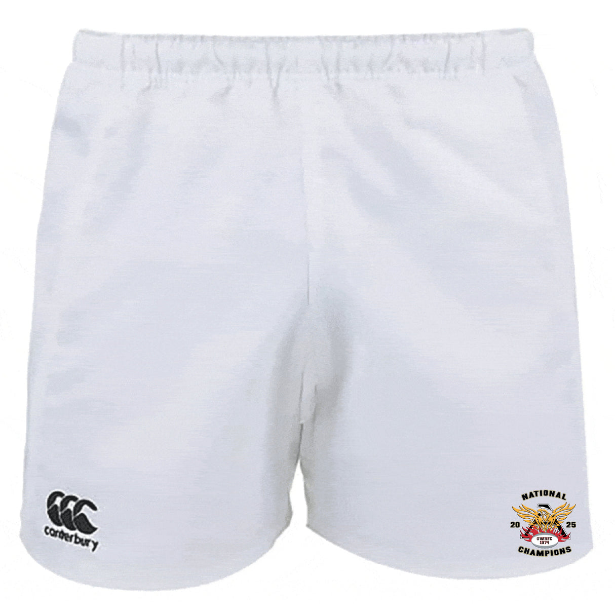 The Atlanta Old White Rugby Champs Player's Drill Short by EMB Canterbury features a "Canterbury" logo on the left leg and a "National Champions 2025" emblem on the right, perfect for rugby drills or gym sessions.