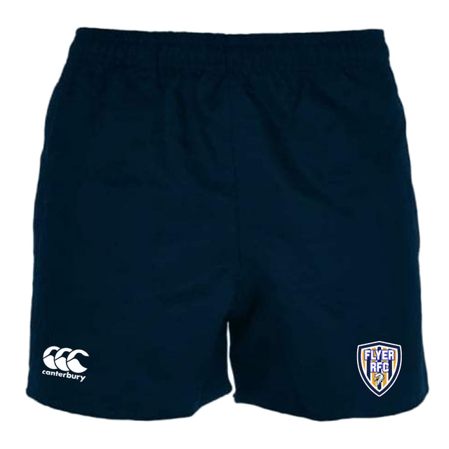EMB Canterbury Franklin County High School Rugby Professional Polyester Shorts feature a white Canterbury logo on the left leg and Flyer RFC badge on the right, designed for comfort and durability.