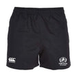 The Fortivus Academy Professional Polyester Rugby Short by EMB Canterbury features an elastic waistband, Canterbury logo on the left leg, and Fortivus Academy logo on the right. Ideal for training, these shorts offer comfort and durability.