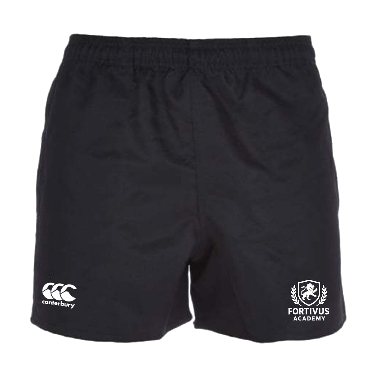 The Fortivus Academy Professional Polyester Rugby Short by EMB Canterbury features an elastic waistband, Canterbury logo on the left leg, and Fortivus Academy logo on the right. Ideal for training, these shorts offer comfort and durability.