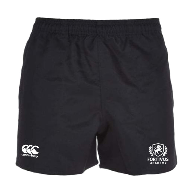 The Fortivus Academy Professional Polyester Rugby Short by EMB Canterbury features an elastic waistband, Canterbury logo on the left leg, and Fortivus Academy logo on the right. Ideal for training, these shorts offer comfort and durability.