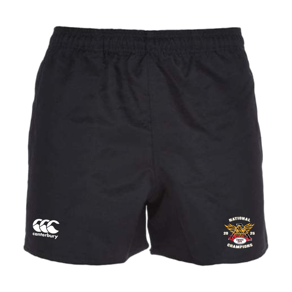 The Atlanta Old White Rugby Champs Player's Drill Short by EMB Canterbury features an elastic waistband, the Canterbury logo on the left leg, and a National Champions emblem on the right for a classic athletic style.