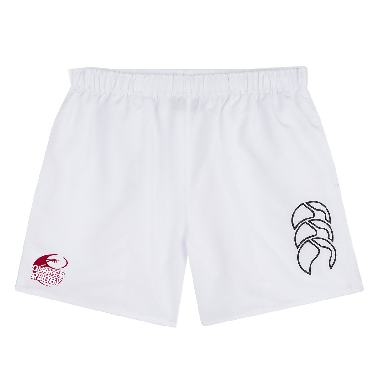 Guilford College Tactic Shorts by Canterbury for men—white with an elastic waistband, red "Quaker Rugby" logo on the left leg, black design on the right. Ideal for gym training or as classic EMB Canterbury rugby shorts.