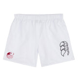Guilford College Tactic Shorts by Canterbury for men—white with an elastic waistband, red "Quaker Rugby" logo on the left leg, black design on the right. Ideal for gym training or as classic EMB Canterbury rugby shorts.