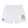 Guilford College Tactic Shorts by Canterbury for men—white with an elastic waistband, red "Quaker Rugby" logo on the left leg, black design on the right. Ideal for gym training or as classic EMB Canterbury rugby shorts.