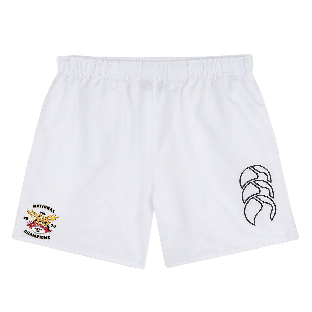 The Atlanta Old White Rugby Champs Tactic Short by EMB Canterbury features a black abstract logo on the right leg and a bold "National Champions 2023" eagle graphic on the left—ideal men's rugby or gym shorts for standout athletic style.
