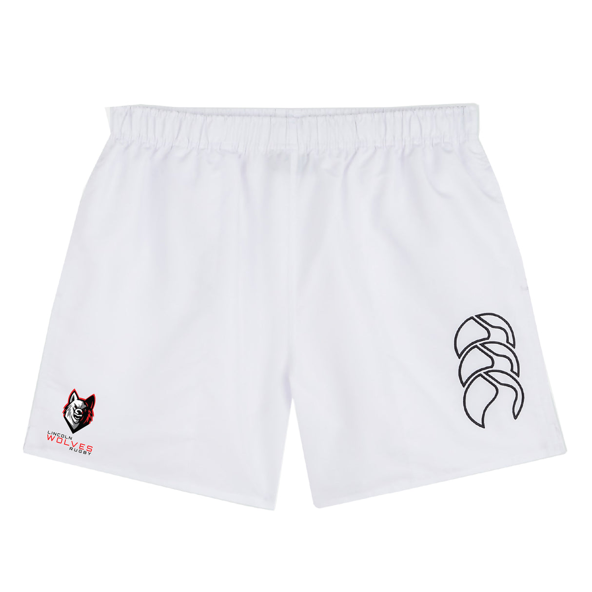 The Lincoln Wolves Tactic Short by EMB Canterbury features an elastic waistband, a bold black abstract logo on one leg, and a wolf mascot with "WOLVES" text on the other—ideal for gym training or as stylish Canterbury shorts.