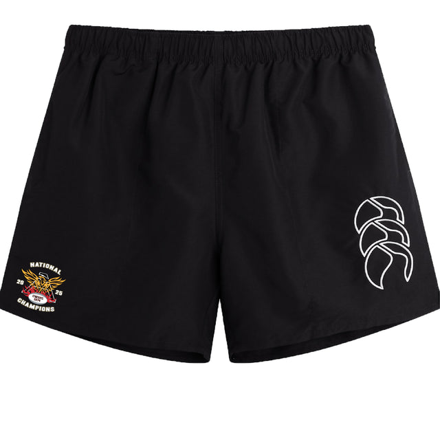 The Atlanta Old White Rugby Champs Tactic Short by EMB Canterbury features a white abstract logo on the right leg and a "National Champions 2022-2023" patch on the left—ideal men's rugby shorts for top athletic performance.