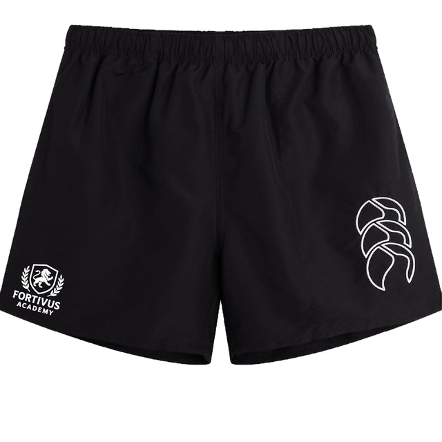 The EMB Canterbury Fortivus Academy Tactic Short for men features the Fortivus Academy logo on the left leg and a white design on the right, inspired by classic Canterbury rugby shorts.