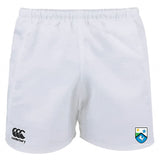 The Las Colinas Rugby Advantage Rugby Shorts by EMB Canterbury feature a black logo on the left leg and a blue and white star rugby ball badge on the right. These moisture-wicking shorts offer game-day comfort.
