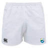The Las Colinas Rugby Advantage Rugby Shorts by EMB Canterbury feature a black logo on the left leg and a blue and white star rugby ball badge on the right. These moisture-wicking shorts offer game-day comfort.