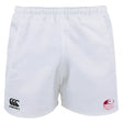 The Guilford College Player's Drill Short by EMB Canterbury features the iconic logo on the left leg and Quaker Rugby logo on the right, offering classic style and comfort for sustainable sportswear lovers.