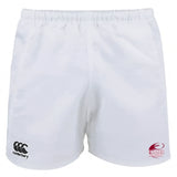 The Guilford College Player's Drill Short by EMB Canterbury features the iconic logo on the left leg and Quaker Rugby logo on the right, offering classic style and comfort for sustainable sportswear lovers.