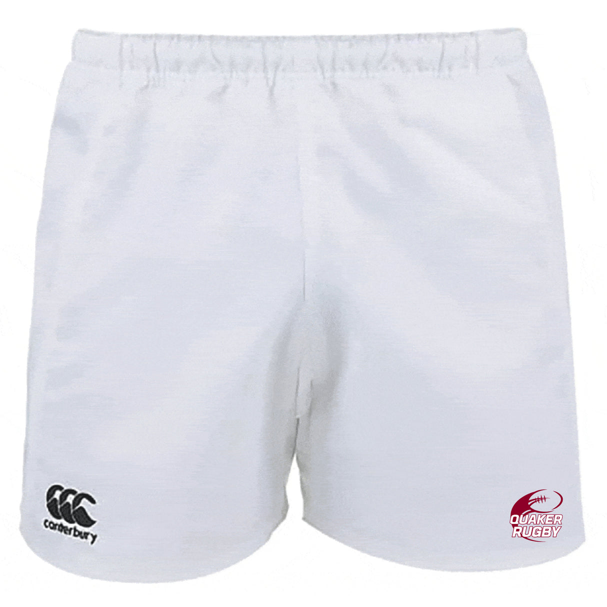 The Guilford College Advantage Rugby Shorts by Canterbury feature an EMB Canterbury logo on the left leg and a Quaker Rugby logo on the right, with moisture-wicking fabric, shown against a plain background.