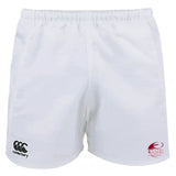 The Guilford College Advantage Rugby Shorts by Canterbury feature an EMB Canterbury logo on the left leg and a Quaker Rugby logo on the right, with moisture-wicking fabric, shown against a plain background.