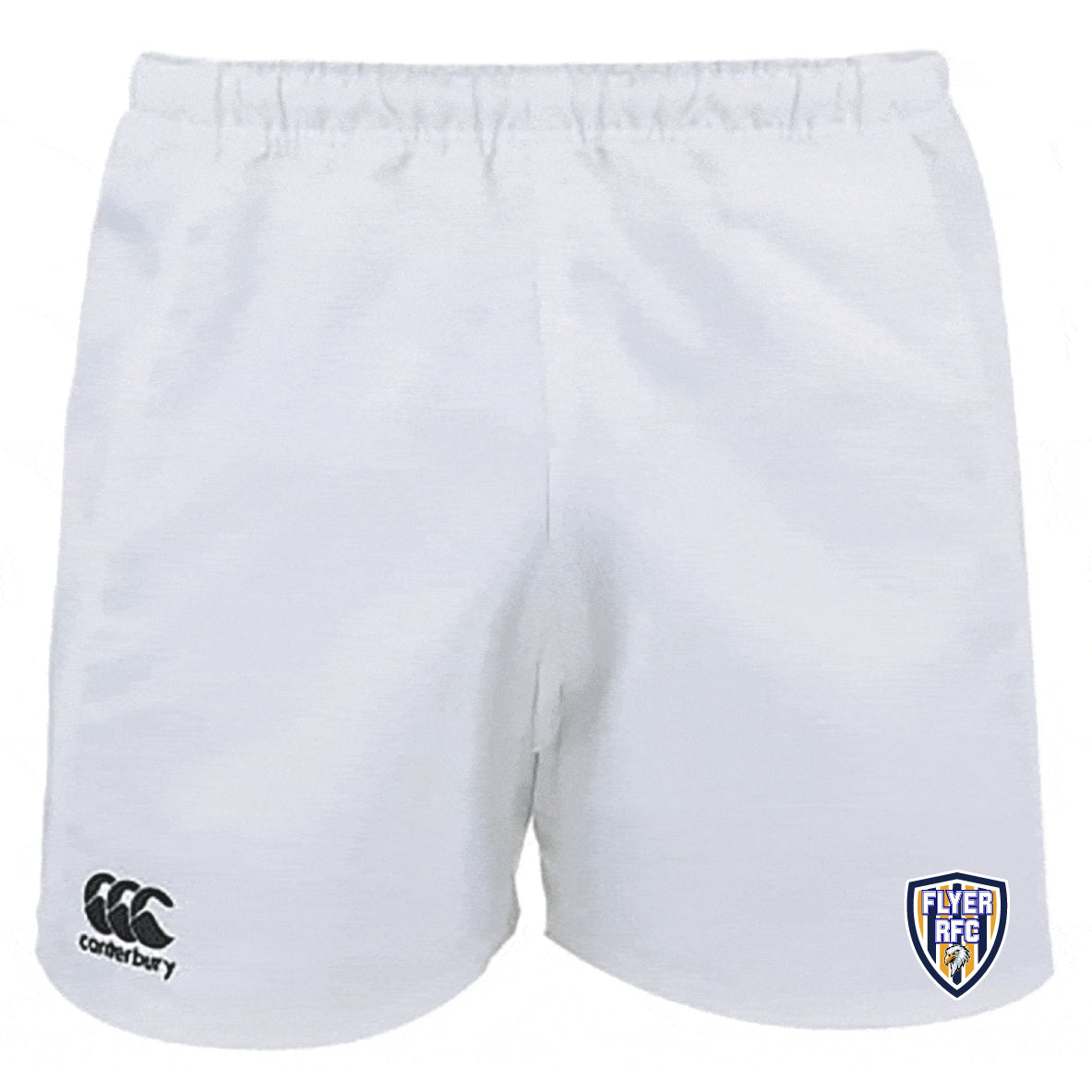 The Franklin County High School Rugby Advantage Shorts by EMB Canterbury feature an elastic waistband, moisture-wicking fabric, a Canterbury logo on the left leg, and the Flyer RFC badge on the right.