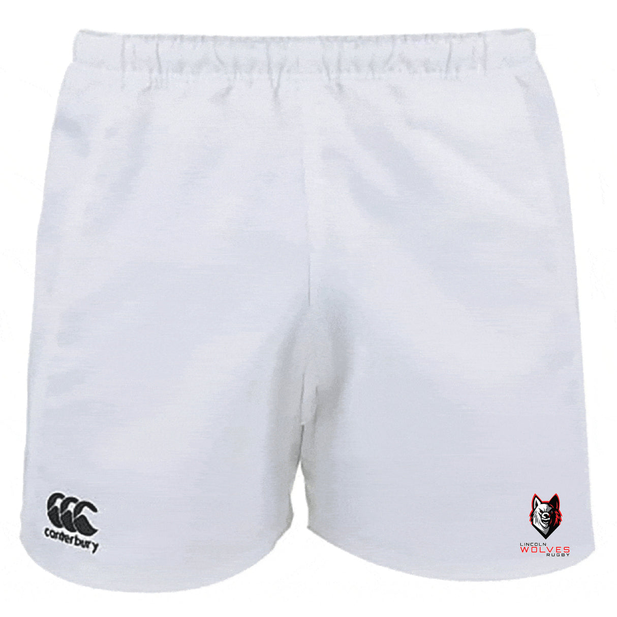 The Lincoln Wolves Advantage Rugby Shorts by EMB Canterbury feature a black Canterbury logo on the left leg, a red and black Wolves logo on the right, and moisture-wicking fabric for style and performance.