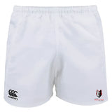 The Lincoln Wolves Advantage Rugby Shorts by EMB Canterbury feature a black Canterbury logo on the left leg, a red and black Wolves logo on the right, and moisture-wicking fabric for style and performance.