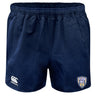 Franklin County High School Rugby Advantage Rugby Shorts by EMB Canterbury feature an elastic waistband, moisture-wicking fabric, Canterbury logo on the left leg, and Flyer RFC club badge on the right.
