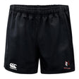 The Lincoln Wolves Advantage Rugby Shorts by EMB Canterbury are black, moisture-wicking rugby shorts with an elastic waistband, a Canterbury logo on the left leg, and a "WOLVES" wolf head emblem on the right.