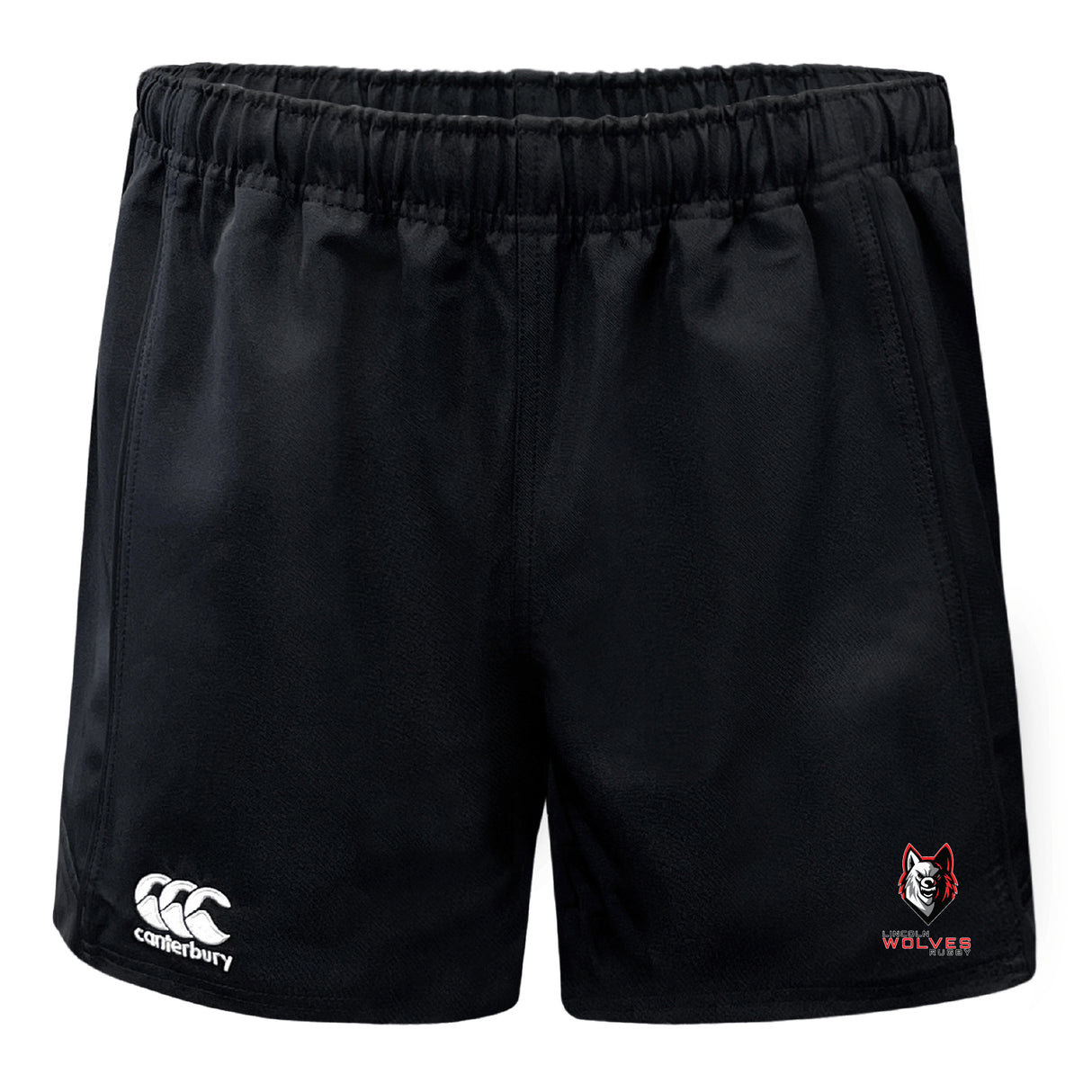 The Lincoln Wolves Advantage Rugby Shorts by EMB Canterbury are black, moisture-wicking rugby shorts with an elastic waistband, a Canterbury logo on the left leg, and a "WOLVES" wolf head emblem on the right.