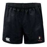 The Lincoln Wolves Advantage Rugby Shorts by EMB Canterbury are black, moisture-wicking rugby shorts with an elastic waistband, a Canterbury logo on the left leg, and a "WOLVES" wolf head emblem on the right.
