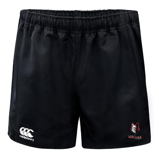 The Lincoln Wolves Advantage Rugby Shorts by EMB Canterbury are black, moisture-wicking rugby shorts with an elastic waistband, a Canterbury logo on the left leg, and a "WOLVES" wolf head emblem on the right.