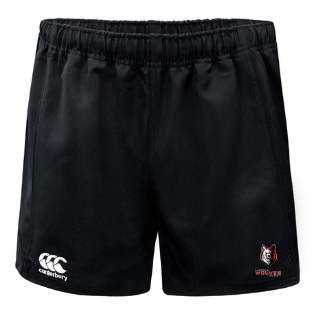 The Lincoln Wolves Professional Polyester Rugby Short by EMB Canterbury features an elastic waistband, the Canterbury logo on the left leg, and a wolf emblem with "WOLVES" text on the right—ideal durable rugby shorts for style and performance.