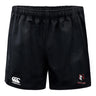 The Lincoln Wolves Professional Polyester Rugby Short by EMB Canterbury features an elastic waistband, the Canterbury logo on the left leg, and a wolf emblem with "WOLVES" text on the right—ideal durable rugby shorts for style and performance.