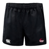The Guilford College Player's Drill Short by Canterbury features an elastic waistband and displays white Canterbury and red Quaker Rugby logos—ideal EMB Canterbury shorts for teams wanting durable, sustainable sportswear.