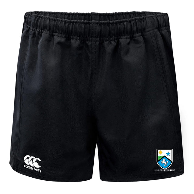 The Las Colinas Rugby Advantage Rugby Shorts by EMB Canterbury feature an elastic waistband, a white Canterbury logo on the left leg, and a colored crest on the right, offering comfort and style for every athlete.