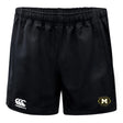 The Monarch Rugby Club Advantage Rugby Shorts by EMB Canterbury are black, feature an elastic waistband, the Canterbury logo on the left leg, and the Monash Rugby emblem on the right. Moisture-wicking for comfort and performance.