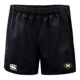 The Monarch Rugby Club Advantage Rugby Shorts by EMB Canterbury are black, feature an elastic waistband, the Canterbury logo on the left leg, and the Monash Rugby emblem on the right. Moisture-wicking for comfort and performance.