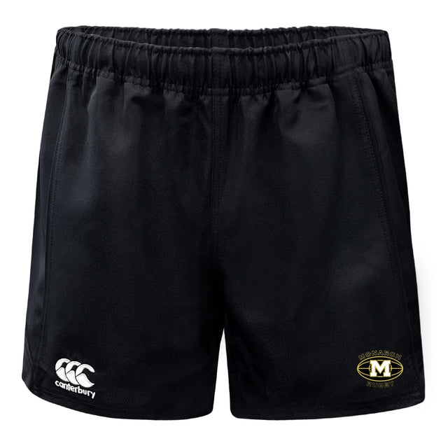 The Monarch Rugby Club Advantage Rugby Shorts by EMB Canterbury are black, feature an elastic waistband, the Canterbury logo on the left leg, and the Monash Rugby emblem on the right. Moisture-wicking for comfort and performance.