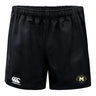 The Monarch Rugby Club Advantage Rugby Shorts by EMB Canterbury are black, feature an elastic waistband, the Canterbury logo on the left leg, and the Monash Rugby emblem on the right. Moisture-wicking for comfort and performance.
