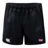 The Guilford College Advantage Rugby Shorts by EMB Canterbury are black, moisture-wicking shorts with an elastic waistband and feature white Canterbury and red Quaker Rugby logos on the front.