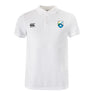 The Las Colinas Rugby Waimak Polo by EMB Canterbury is a classic white men's short-sleeve polo with a buttoned collar, black Canterbury logo on the right chest, and a blue-yellow crest on the left—timeless sportswear style.