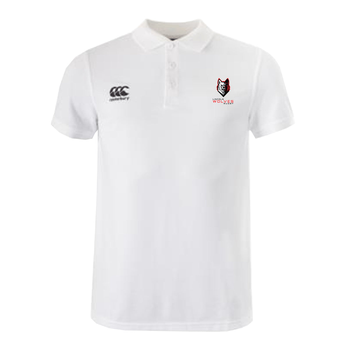 White Lincoln Wolves Waimak Polo by EMB Canterbury featuring a Canterbury logo on the right chest and a Lincoln Wolves logo with text on the left chest.