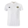 The Monarch Rugby Club Waimak Polo by Canterbury is a classic white men's polo featuring the EMB Canterbury logo on the right chest and a Monarch Rugby logo on the left chest, offering timeless style.