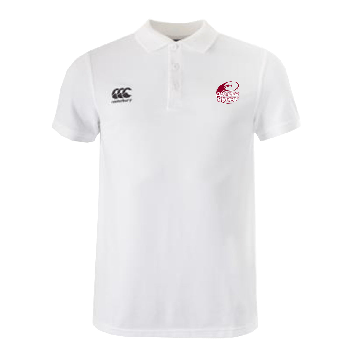 The Guilford College Waimak Polo by EMB Canterbury is a plain white rugby polo with short sleeves, a collar, and two chest logos—one on each side.