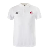 The Guilford College Waimak Polo by EMB Canterbury is a plain white rugby polo with short sleeves, a collar, and two chest logos—one on each side.