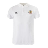 The Atlanta Old White Rugby Champs Waimak Polo by EMB Canterbury is a white short-sleeve polo with a buttoned collar, Canterbury logo on the right chest, and a colorful "Netball Champions" emblem on the left.